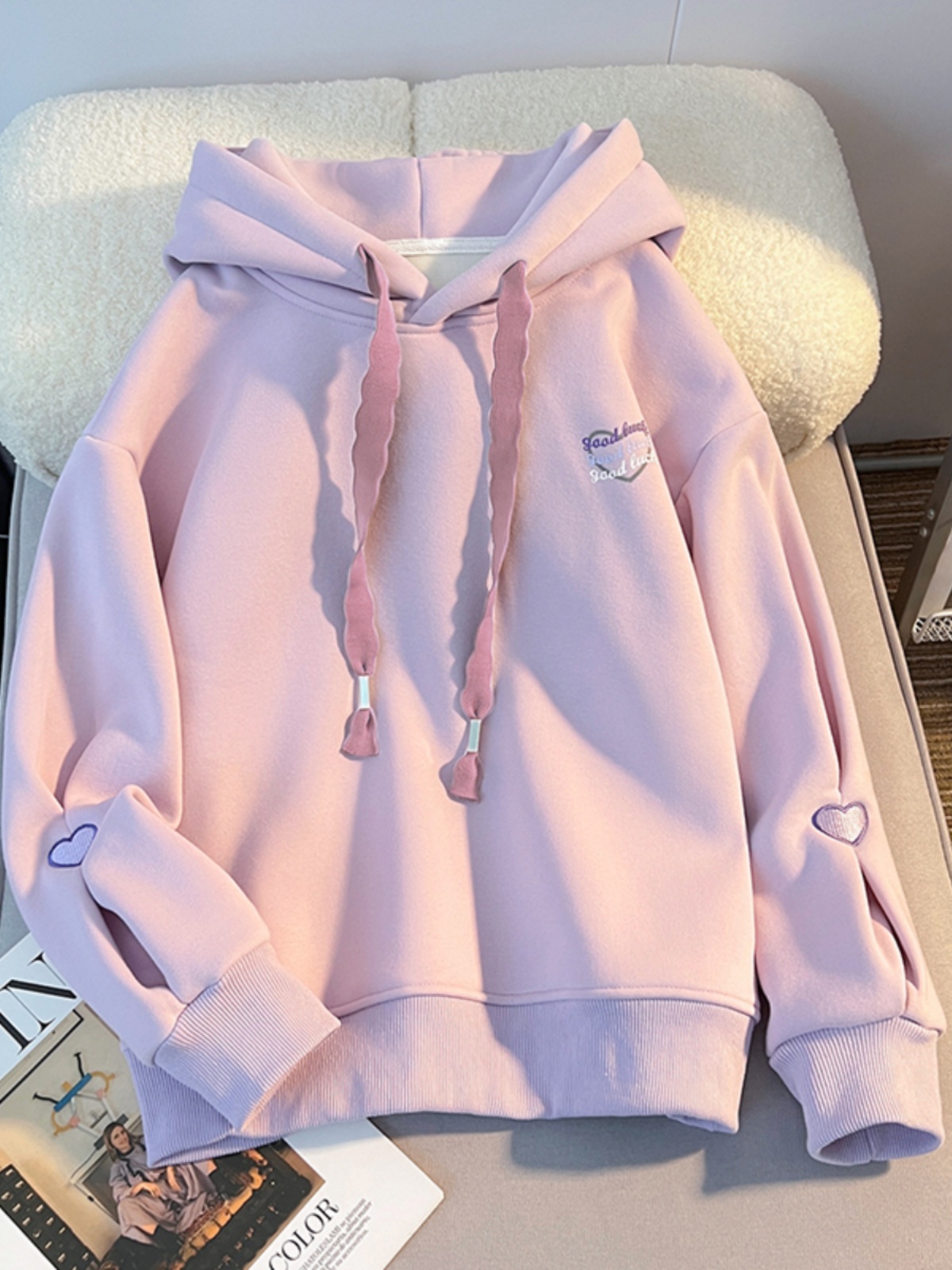 Embroidery Design Love - Felpa con Cappuccio Spessa da Ragazza