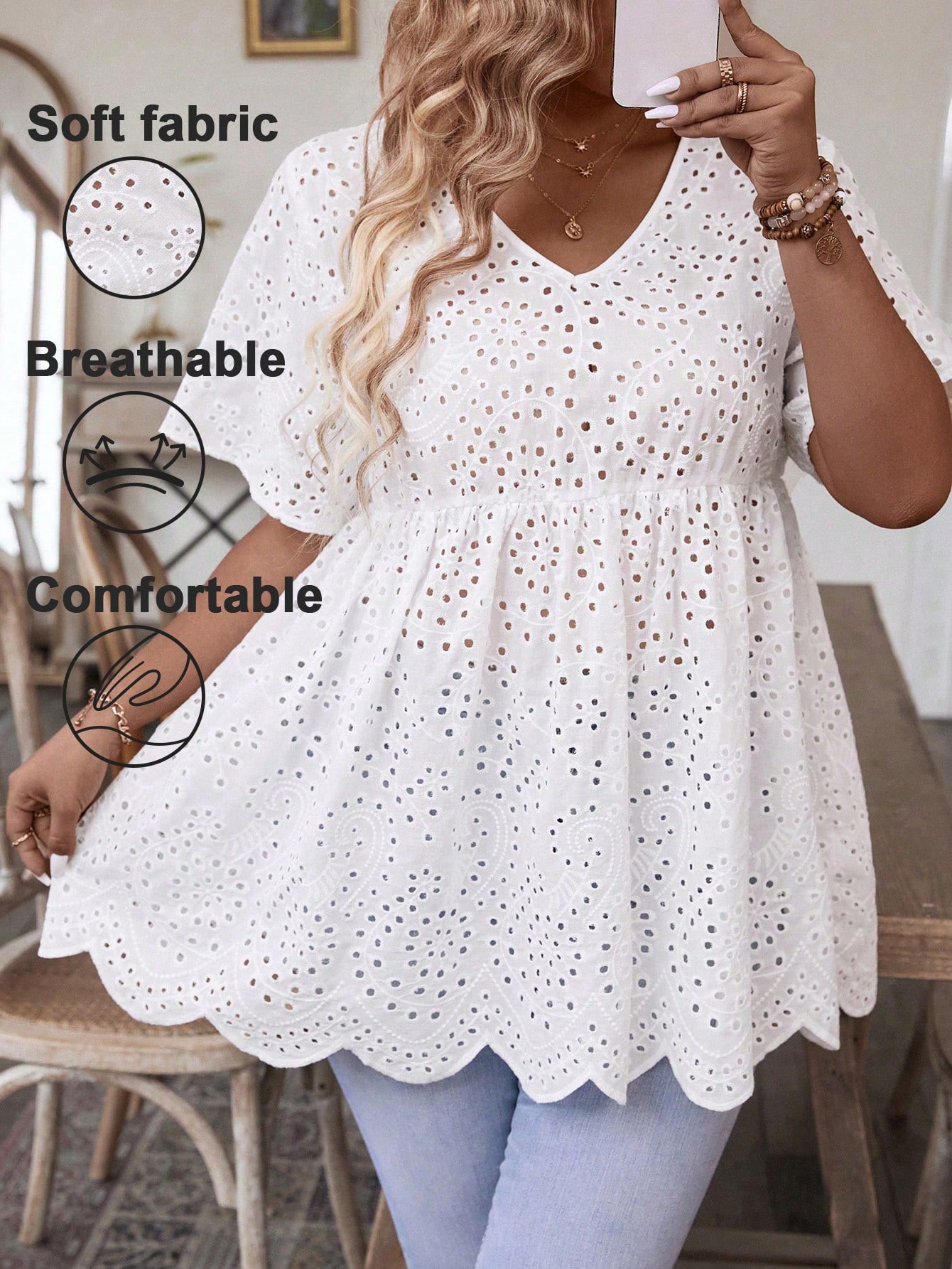 Embroidery Blouse - Top da donna taglie forti bianco